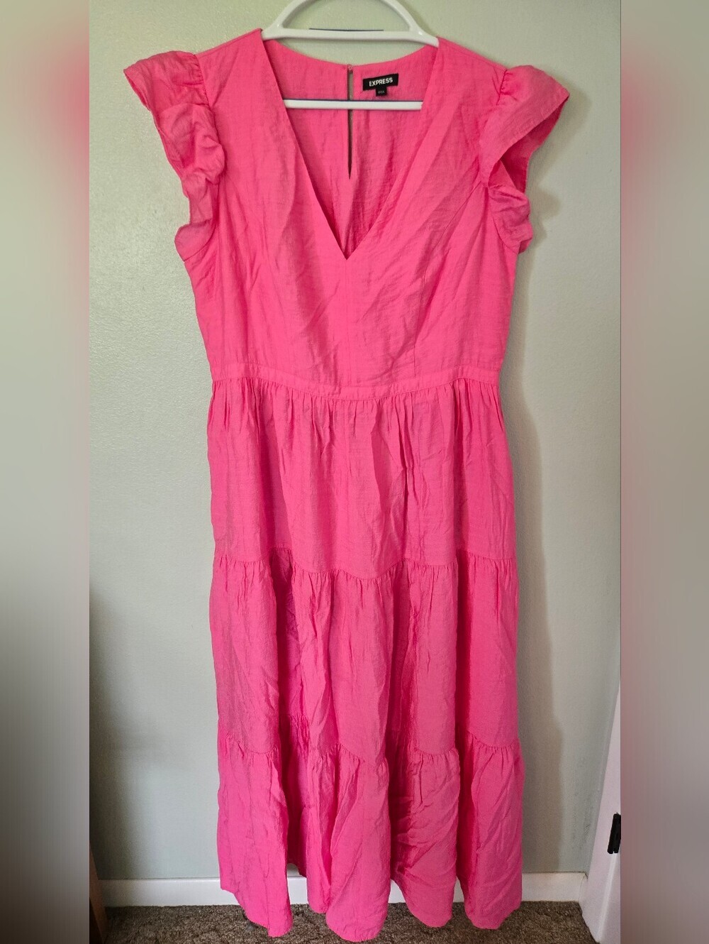 Express Bright Pink Maxi Dress with Ruffle Sleeves